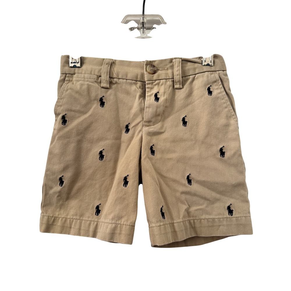 Polo Ralph Lauren Boys 3T Khaki Tan All Over Embroidered Pony Logo Chino Shorts